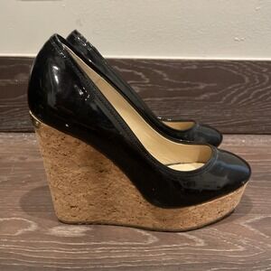 Jimmy Choo Dellena Patent Black And Cork Wedges Size 36